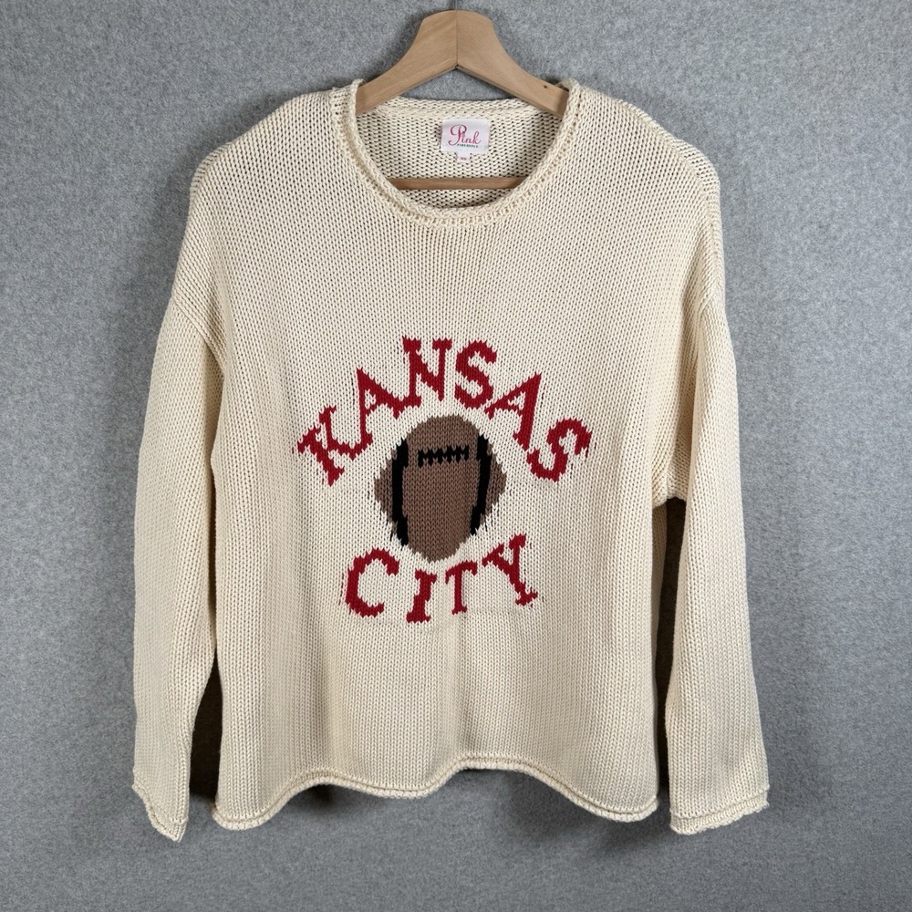 Kansas city sweater womens XS beige open knit pullover chiefs football cotton